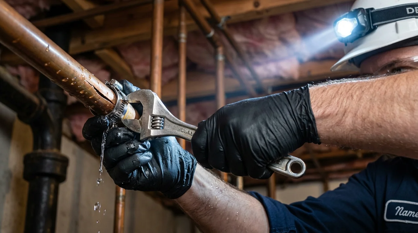 Emergency pipe clamp repair being performed by a Johns Plumbing LLC plumber in Eastham